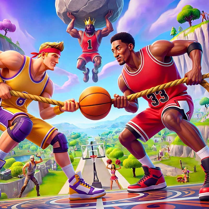 Players competing to hold the basketball in Don’t Drop the Ball.